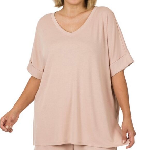 - Plus size cute‎ short T-shirt set Cream - Picture 1 of 11